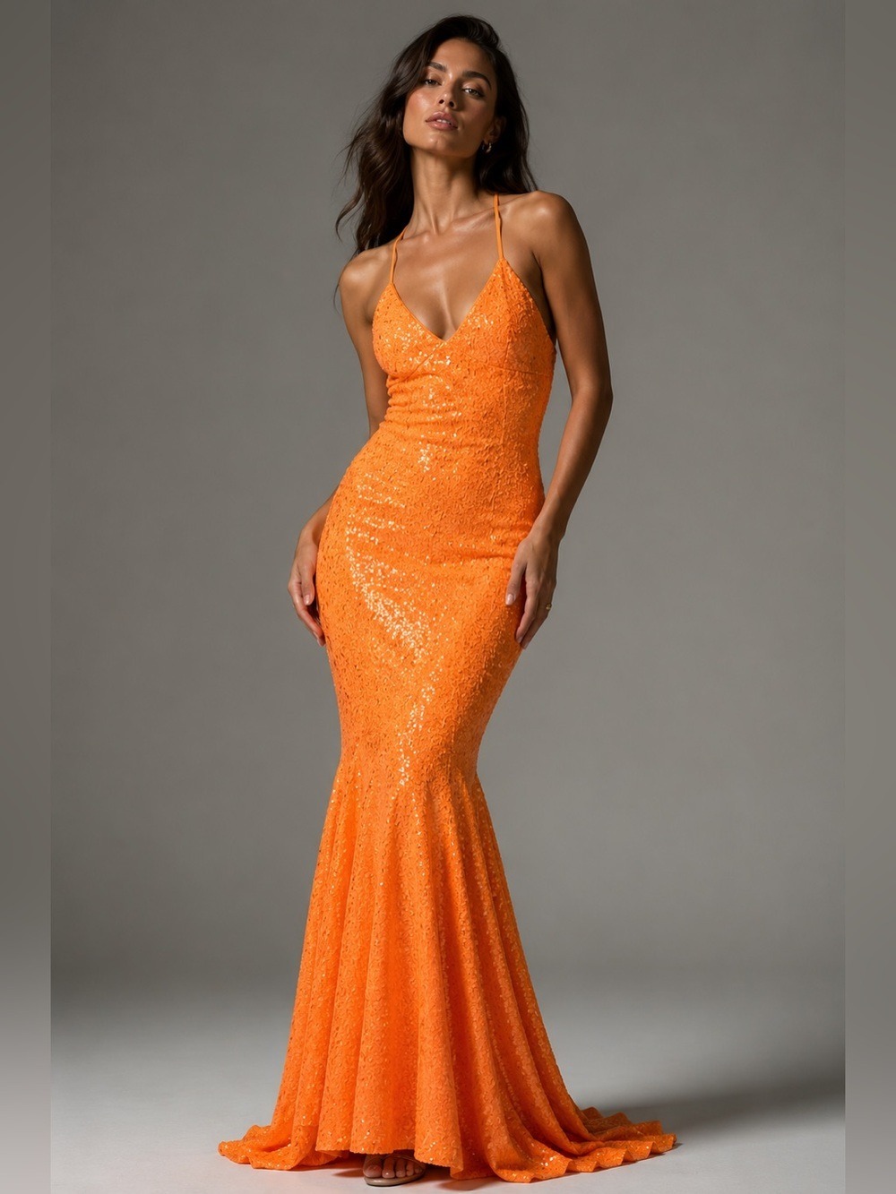 Norma Kamali Sequin Low Back Mermaid Gown Neon Orange XS NWT $595